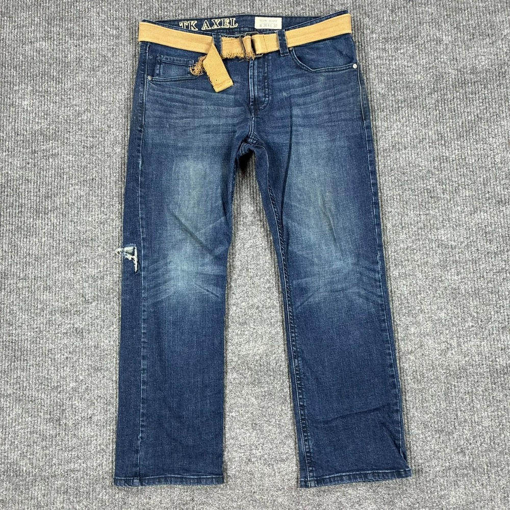 TK Axel Mens Slim Boot Jeans Size 36x32 Dark Wash Denim Stretch Belted Mid Rise